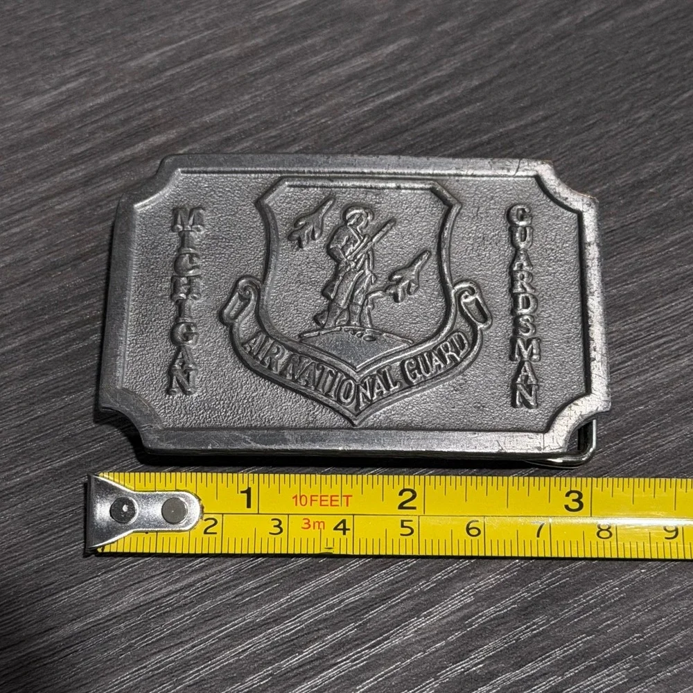 Vtg Michigan Air National Guard Belt Buckle Hit Line USA Military‎ Silver Tone